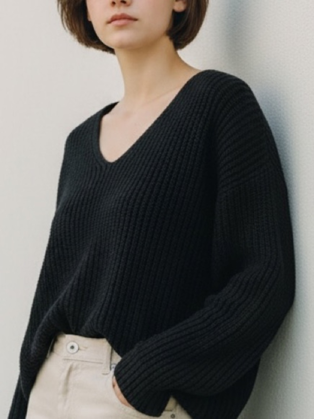 Free People Black V-Neck Ribbed Sweater